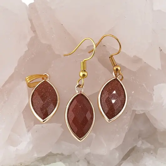 Set Cercei cu agatatoare si Pandantiv Goldstone oval ascutit cu montura aurie, 22mm, imagine 2