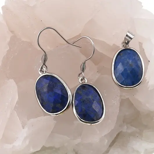 Set Cercei cu agatatoare si Pandantiv Lapis Lazuli oval cu montura argintie, 20mm, imagine 2