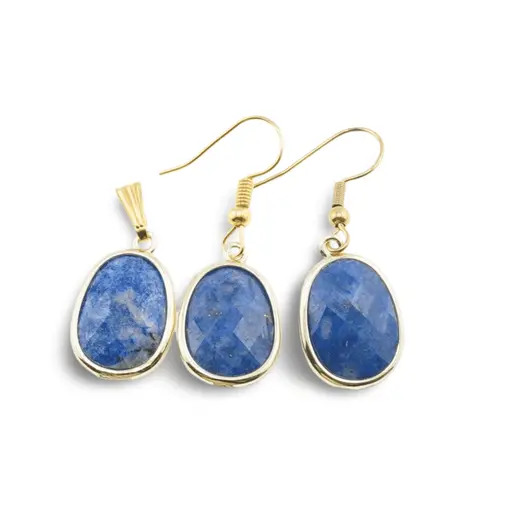 Set Cercei cu agatatoare si Pandantiv Lapis Lazuli oval cu montura aurie, 20mm