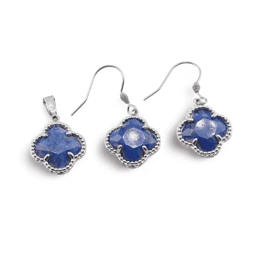 Set Cercei cu agatatoare si Pandantiv Lapis Lazuli trifoi cu montura argintie, 18mm
