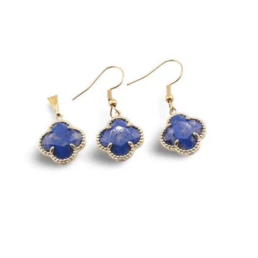 Set Cercei cu agatatoare si Pandantiv Lapis Lazuli trifoi cu montura aurie, 18mm