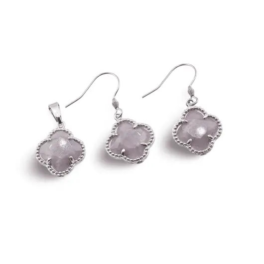Set Cercei cu agatatoare si Pandantiv Lepidolit trifoi cu montura argintie, 18mm