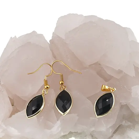 Set Cercei cu agatatoare si Pandantiv Obsidian oval ascutit cu montura aurie, 22mm, imagine 2