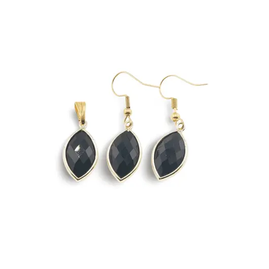 Set Cercei cu agatatoare si Pandantiv Obsidian oval ascutit cu montura aurie, 22mm