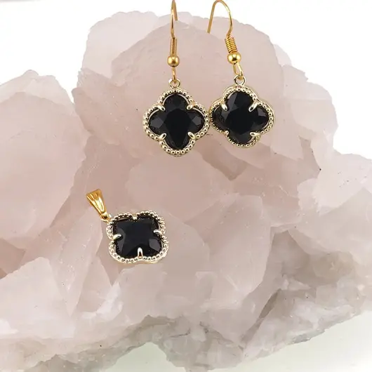 Set Cercei cu agatatoare si Pandantiv Obsidian trifoi cu montura aurie, 18mm, imagine 2