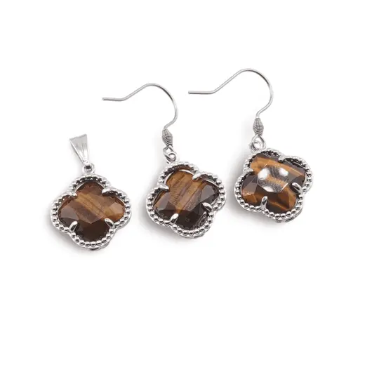 Set Cercei cu agatatoare si Pandantiv Ochi de tigru trifoi cu montura argintie, 18mm