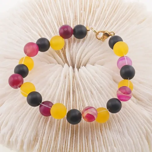 Bratara confectionata manual cu Agate roz si galben mate, Onix mat sfere 8mm, imagine 2