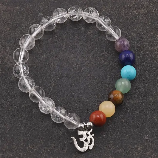 Bratara Cristal de stanca si cristalele celor 7 chakre sfere cu simbol OM pe elastic, 8mm