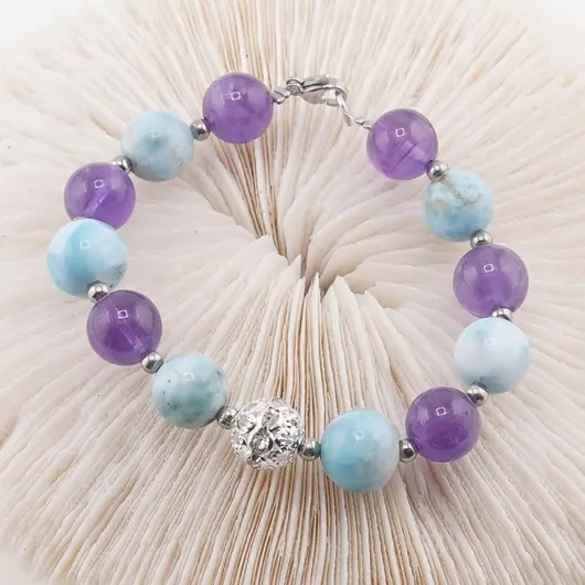 Bratara Larimar si Ametist A+ sfere 10mm cu element argintiu, imagine 2