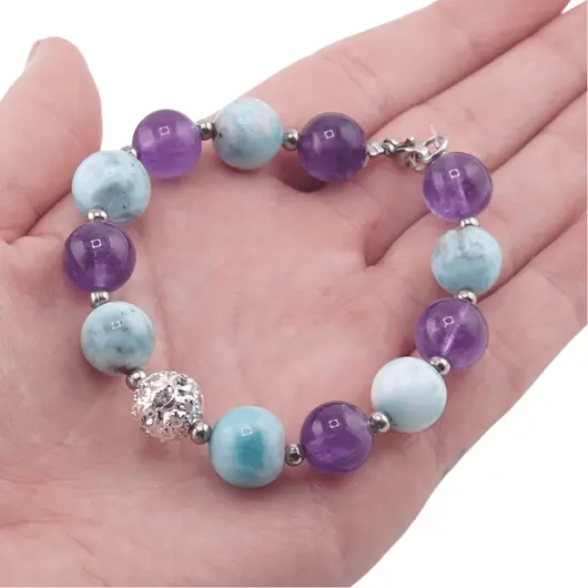 Bratara Larimar si Ametist A+ sfere 10mm cu element argintiu, imagine 3