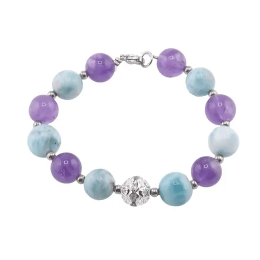 Bratara Larimar si Ametist A+ sfere 10mm cu element argintiu