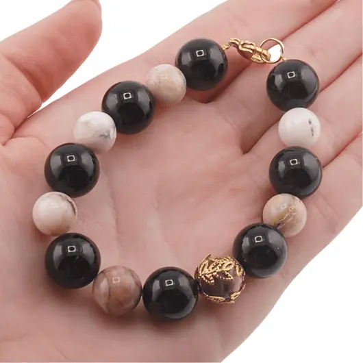 Bratara Opal roz si Turmalina neagra sfere, 10-12mm, imagine 3