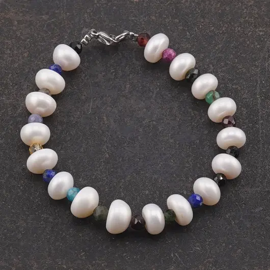 Bratara Perle de cultura albe turtite si mix cristale, 4-8mm