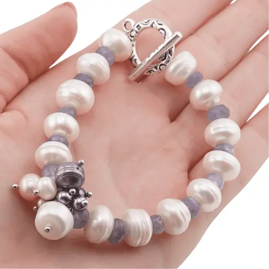Bratara Perle de cultura turtite si Tanzanit discuri fatetate, 4-11mm, imagine 3