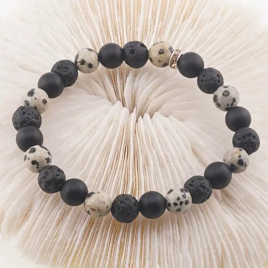 Bratara Roca vulcanica, Onix mat si Jasp dalmatian sfere 8mm, imagine 2