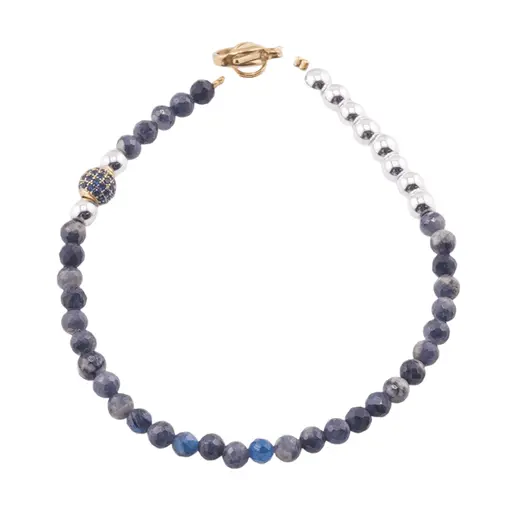 Bratara Safir sfere fatetate 4mm, Hematit sfere si element auriu cu zircon