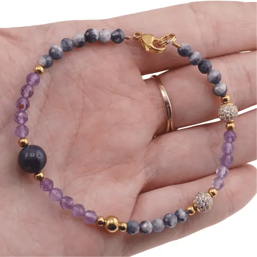 Bratara Safir si Ametist sfere si sfere fatetate cu elemente aurii, 4-8mm, imagine 3