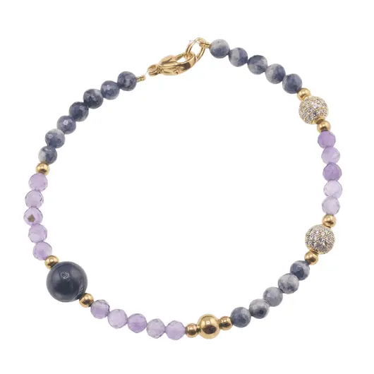 Bratara Safir si Ametist sfere si sfere fatetate cu elemente aurii, 4-8mm