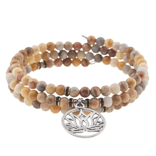 Bratara tripla ajustabila cu cristale naturale Agat crazy lace sfere 4mm cu charm floare de lotus argintiu, imagine 2