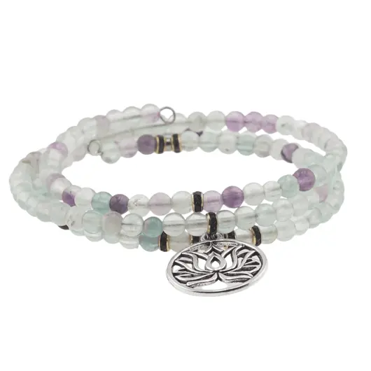Bratara tripla ajustabila cu cristale naturale Fluorit sfere 4mm cu charm floare de lotus argintiu, imagine 2
