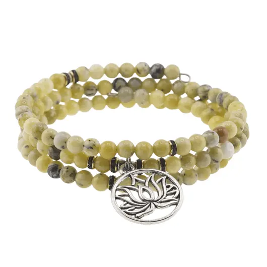 Bratara tripla ajustabila cu cristale naturale Jad olive sfere 4mm cu charm floare de lotus argintiu, imagine 2