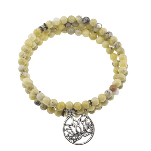 Bratara tripla ajustabila cu cristale naturale Jad olive sfere 4mm cu charm floare de lotus argintiu