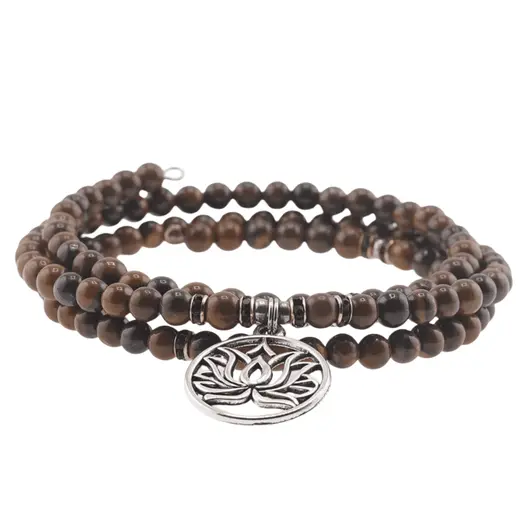 Bratara tripla ajustabila cu cristale naturale Ochi de tigru sfere 4mm cu charm floare de lotus argintiu, imagine 2