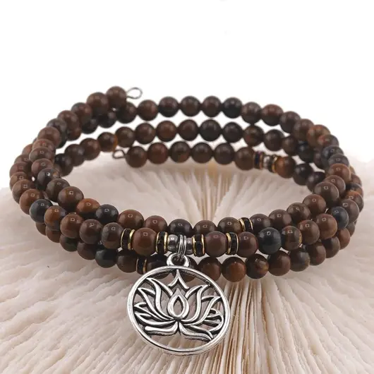 Bratara tripla ajustabila cu cristale naturale Ochi de tigru sfere 4mm cu charm floare de lotus argintiu, imagine 3