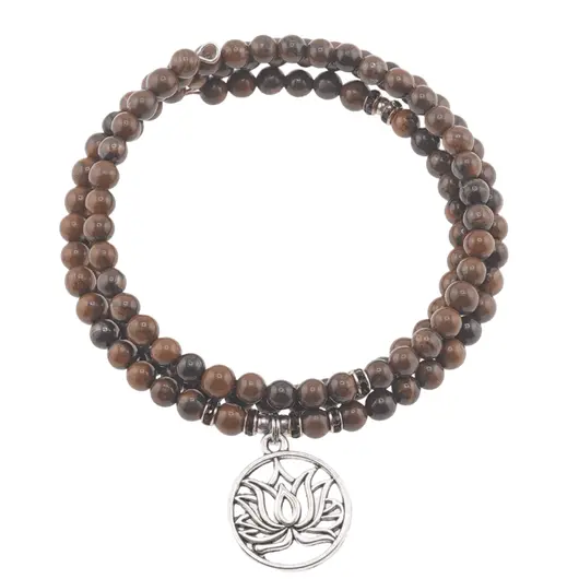 Bratara tripla ajustabila cu cristale naturale Ochi de tigru sfere 4mm cu charm floare de lotus argintiu