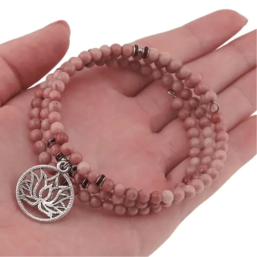 Bratara tripla ajustabila cu cristale naturale Rodonit roz sfere 4mm cu charm floare de lotus argintiu, imagine 4