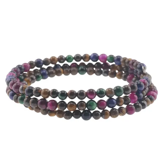 Bratara tripla ajustabila cu pietre semipretioase Ochi de tigru colorat mix sfere 4mm, imagine 2