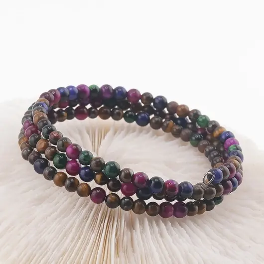 Bratara tripla ajustabila cu pietre semipretioase Ochi de tigru colorat mix sfere 4mm, imagine 3
