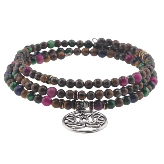 Bratara tripla ajustabila cu pietre semipretioase Ochi de tigru colorat mix sfere 4mm cu charm floare de lotus argintiu, imagine 2