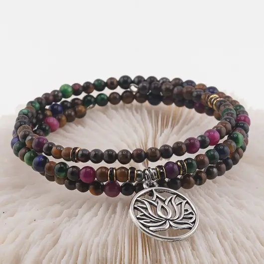 Bratara tripla ajustabila cu pietre semipretioase Ochi de tigru colorat mix sfere 4mm cu charm floare de lotus argintiu, imagine 3