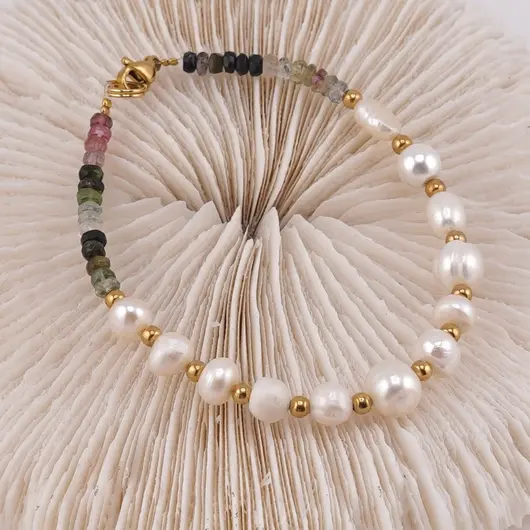 Bratara Turmalina multicolora discuri fatetate si Perle de cultura albe cu bumbi aurii, 3-8mm, imagine 2