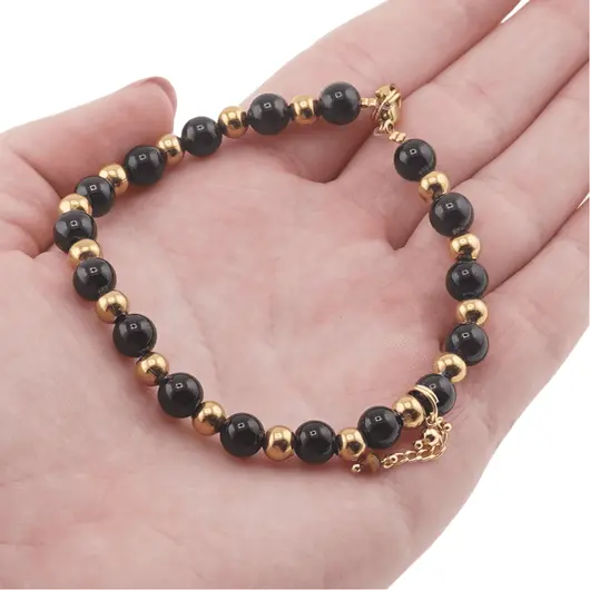Bratara Turmalina neagra sfere 6mm, bumbi aurii si element Ochi de tigru, imagine 3