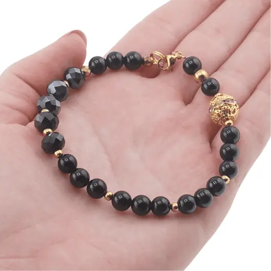 Bratara Turmalina neagra sfere 6mm si Hematit discuri fatetate 8mm cu bumbi aurii, imagine 3