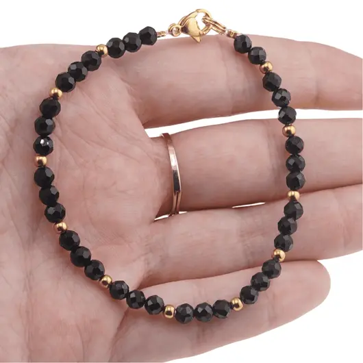 Bratara Turmalina neagra sfere fatetate cu bumbi aurii, 4mm, imagine 3