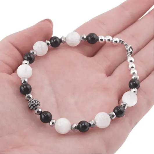 Bratara Turmalina neagra si Selenit sfere 6-8mm, Hematit 4mm, imagine 4