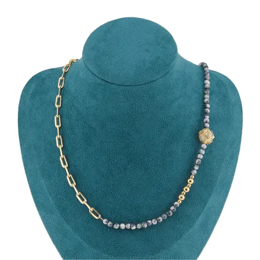 Colier asimetric Safir sfere fatetate si Opal roz sfere cu bumbi auriii, 4-10mm, imagine 3