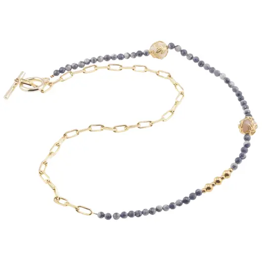 Colier asimetric Safir sfere fatetate si Opal roz sfere cu bumbi auriii, 4-10mm