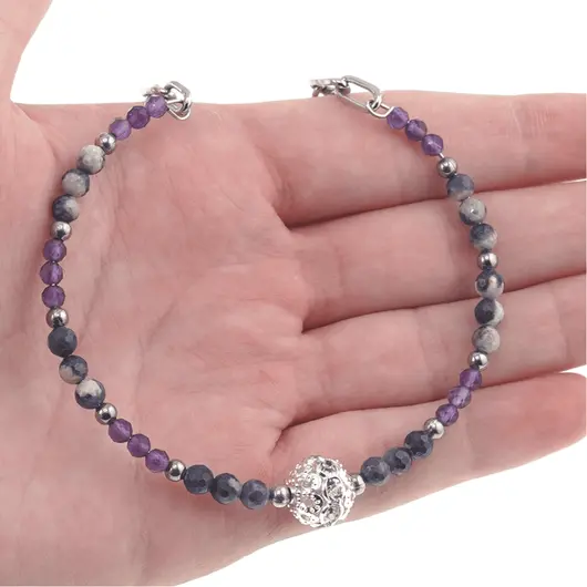 Colier lucrat manual Safir si Ametist sfere fatetate cu bumbi argintii, 3-4mm, imagine 5
