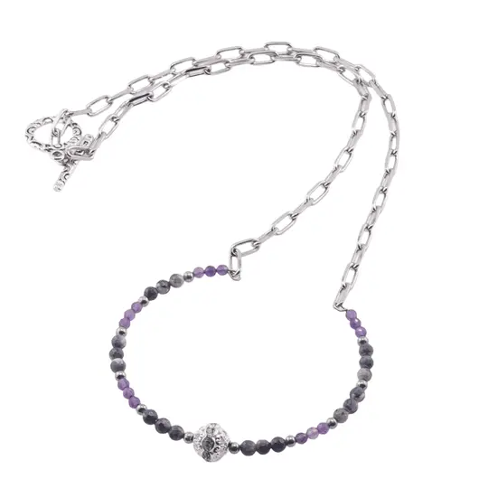 Colier lucrat manual Safir si Ametist sfere fatetate cu bumbi argintii, 3-4mm