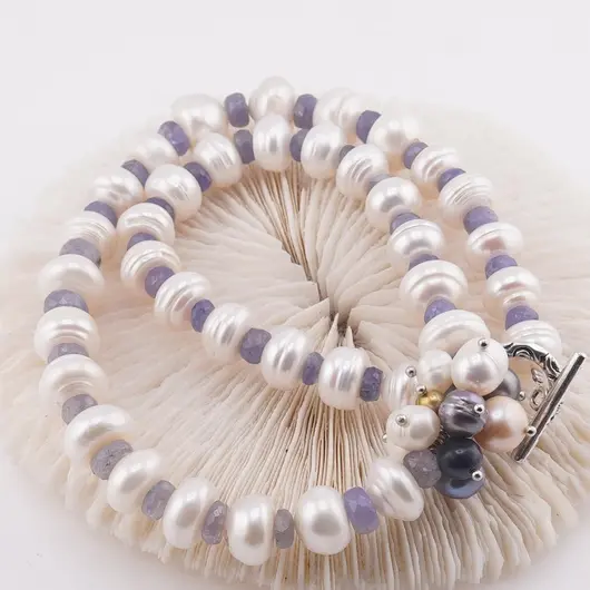 Colier Perle de cultura turtite si Tanzanit discuri fatetate, 4-11mm, imagine 2