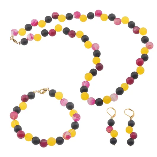 Set confectionat manual cu Agate roz si galben mate, Onix mat sfere 8mm
