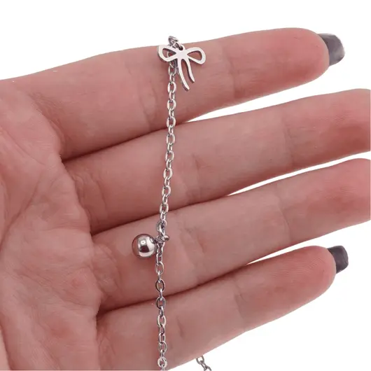 Bratara pentru glezna din inox argintiu cu charm model fundita, imagine 3