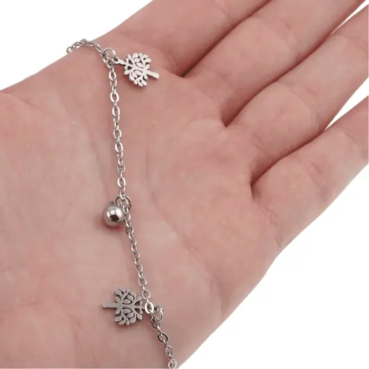 Bratara pentru glezna din inox argintiu cu charm model Pomul Vietii, imagine 3