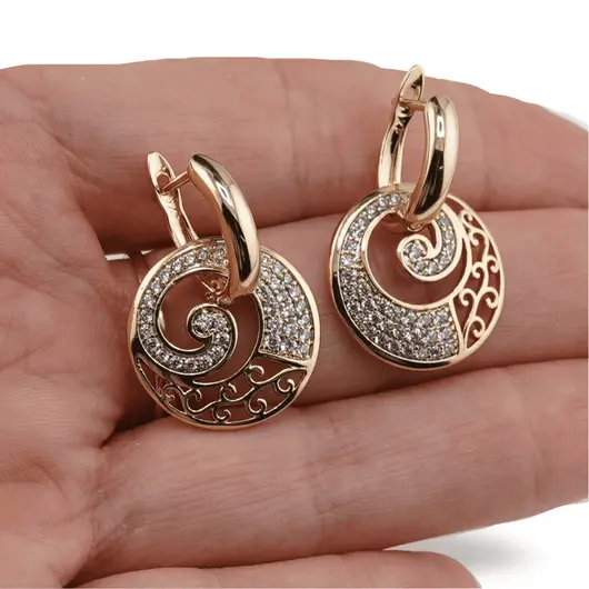 Cercei din cupru placat cu aur galben 18k model mandala cu zirconiu, imagine 4