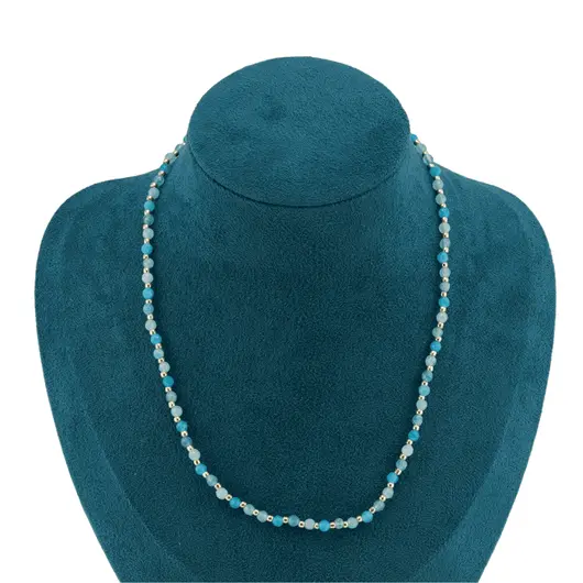 Colier Agat bleu sfere fatetate 3-4mm cu bumbi aurii, imagine 3