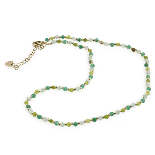 Colier Agat verde sfere fatetate 3-4mm cu bumbi aurii